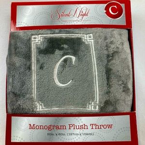 Plush throw with initial C 50”x 60” gray NIB